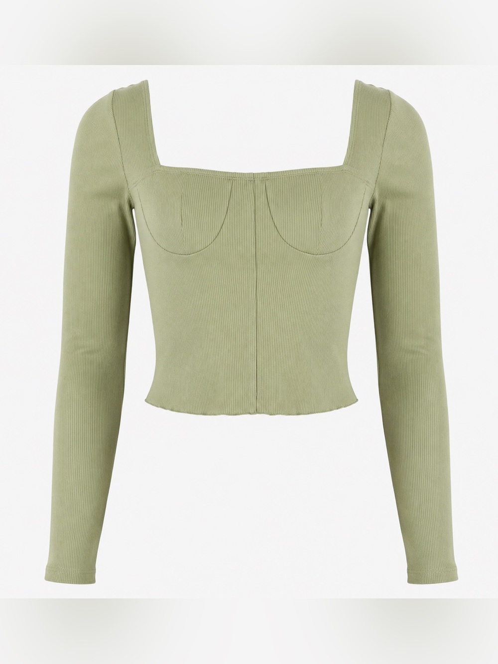 Princess Polly Sage Green Ribbed Long Sleeve Corset Crop Top Size 6 - Picture 1 of 5